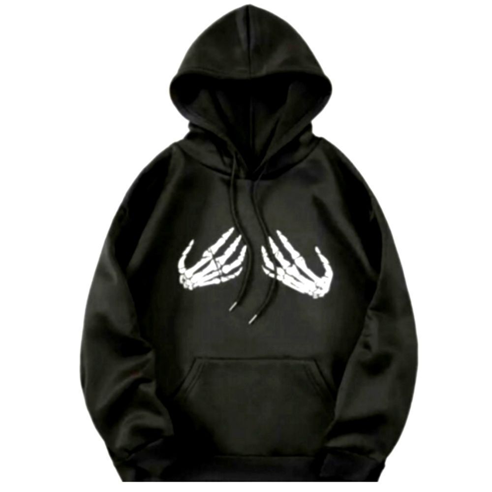 Unisex Black Skeleton Hand Print Hooded Sweatshirt sz X-large